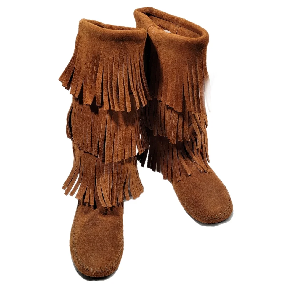 Womens Size 8 MinneTonka Fringed Suede Leather 3 Row Fringe Brown Moccasins Boot - Picture 1 of 8